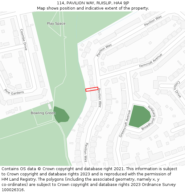 114, PAVILION WAY, RUISLIP, HA4 9JP: Location map and indicative extent of plot