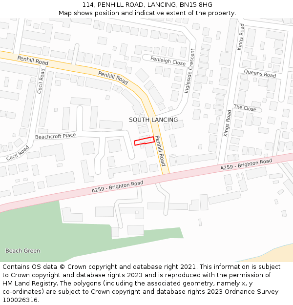 114, PENHILL ROAD, LANCING, BN15 8HG: Location map and indicative extent of plot