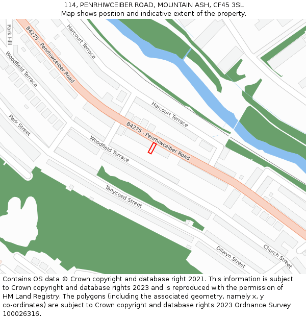 114, PENRHIWCEIBER ROAD, MOUNTAIN ASH, CF45 3SL: Location map and indicative extent of plot