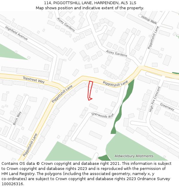 114, PIGGOTTSHILL LANE, HARPENDEN, AL5 1LS: Location map and indicative extent of plot