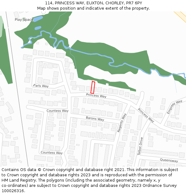 114, PRINCESS WAY, EUXTON, CHORLEY, PR7 6PY: Location map and indicative extent of plot