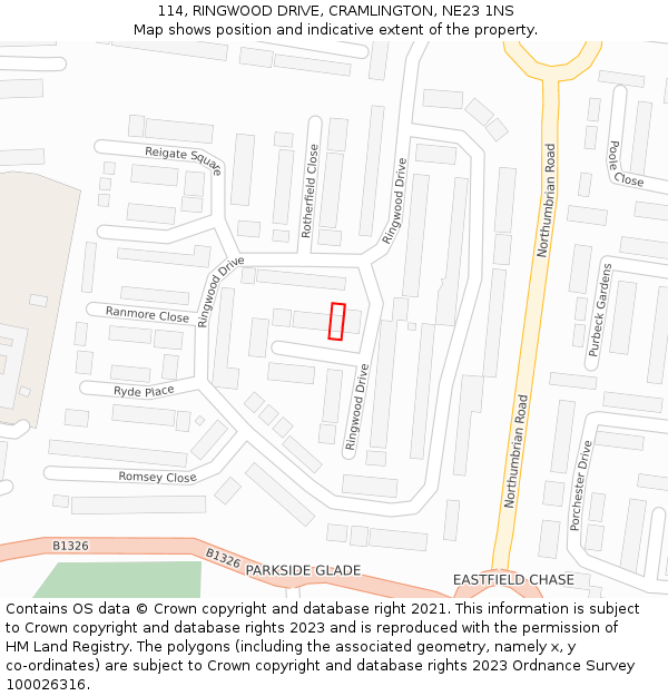 114, RINGWOOD DRIVE, CRAMLINGTON, NE23 1NS: Location map and indicative extent of plot