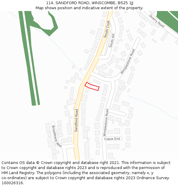 114, SANDFORD ROAD, WINSCOMBE, BS25 1JJ: Location map and indicative extent of plot