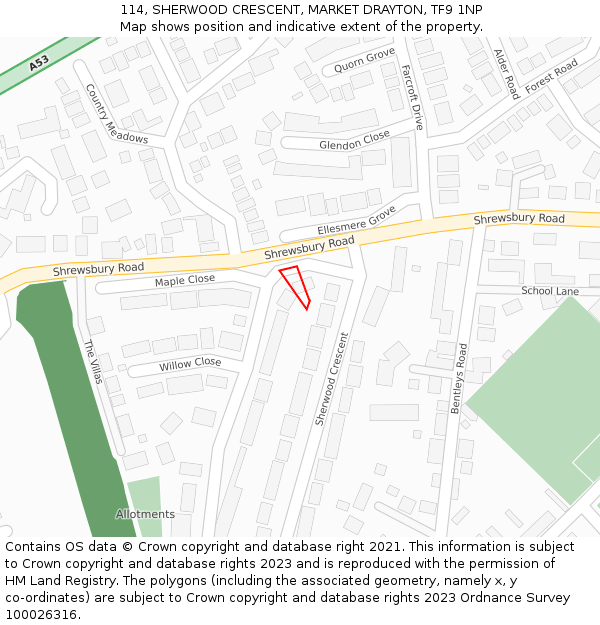 114, SHERWOOD CRESCENT, MARKET DRAYTON, TF9 1NP: Location map and indicative extent of plot