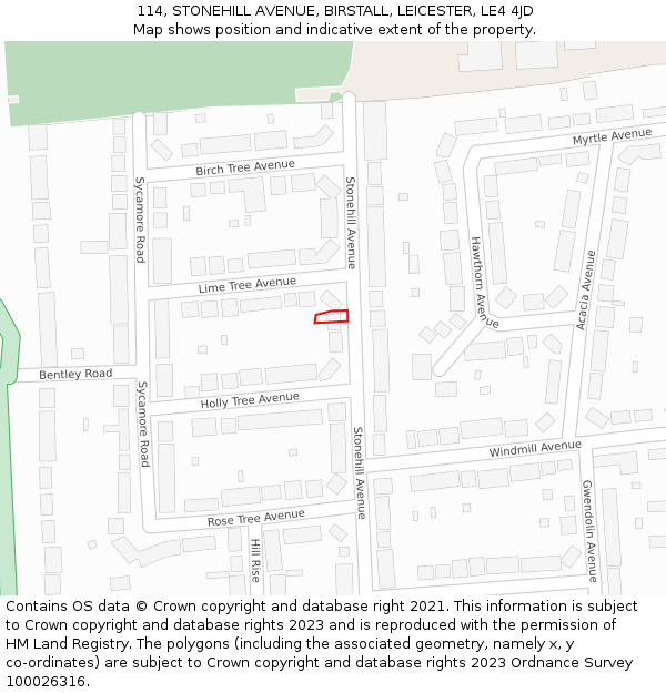 114, STONEHILL AVENUE, BIRSTALL, LEICESTER, LE4 4JD: Location map and indicative extent of plot