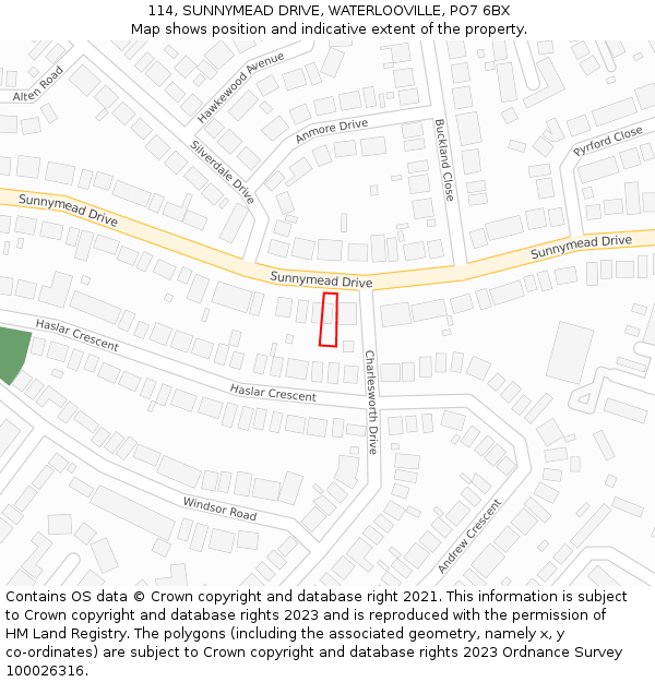 114, SUNNYMEAD DRIVE, WATERLOOVILLE, PO7 6BX: Location map and indicative extent of plot