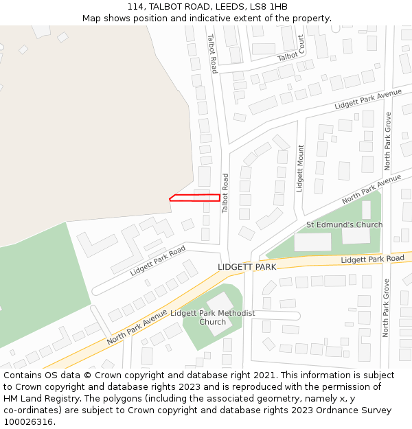 114, TALBOT ROAD, LEEDS, LS8 1HB: Location map and indicative extent of plot