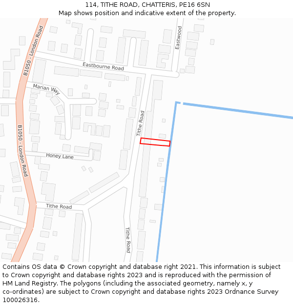 114, TITHE ROAD, CHATTERIS, PE16 6SN: Location map and indicative extent of plot