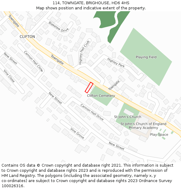 114, TOWNGATE, BRIGHOUSE, HD6 4HS: Location map and indicative extent of plot