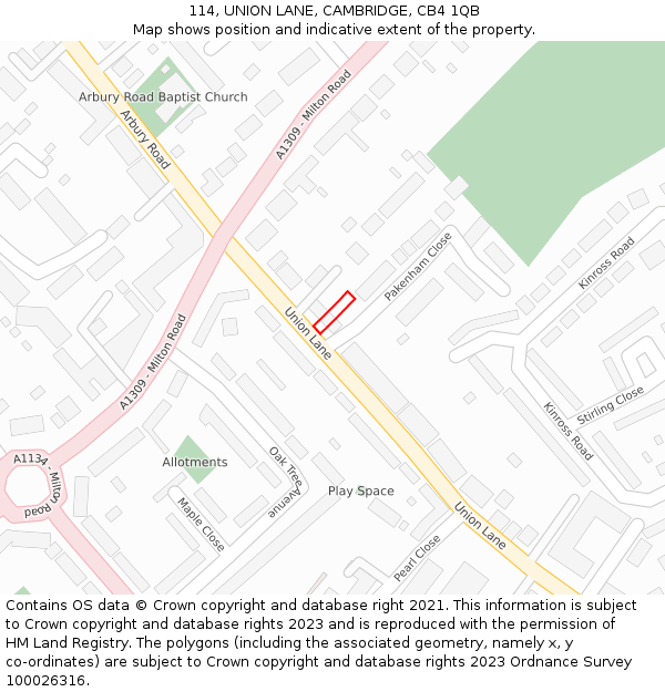 114, UNION LANE, CAMBRIDGE, CB4 1QB: Location map and indicative extent of plot