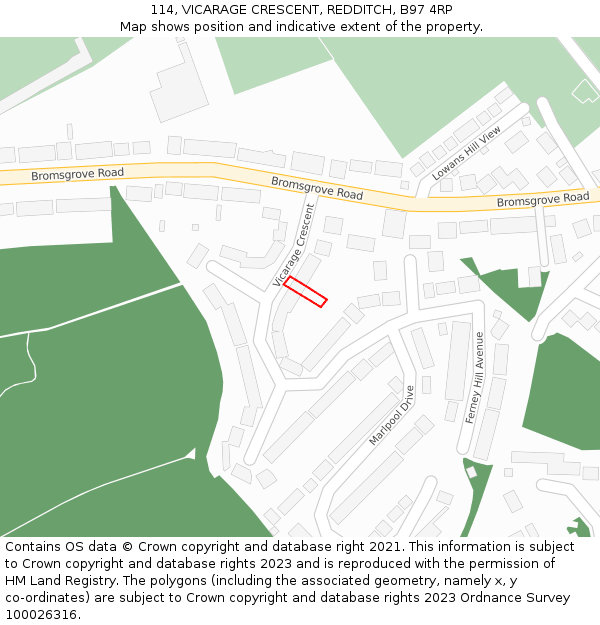 114, VICARAGE CRESCENT, REDDITCH, B97 4RP: Location map and indicative extent of plot