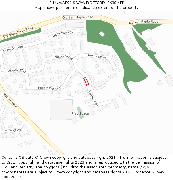 114, WATKINS WAY, BIDEFORD, EX39 4FP: Location map and indicative extent of plot