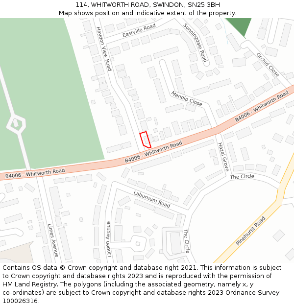 114, WHITWORTH ROAD, SWINDON, SN25 3BH: Location map and indicative extent of plot