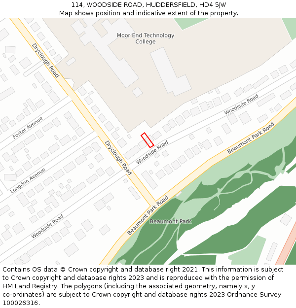 114, WOODSIDE ROAD, HUDDERSFIELD, HD4 5JW: Location map and indicative extent of plot