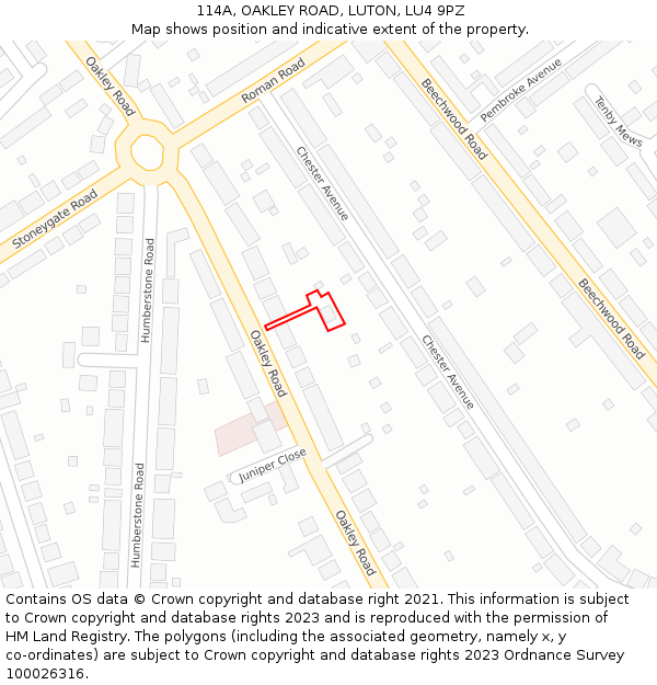 114A, OAKLEY ROAD, LUTON, LU4 9PZ: Location map and indicative extent of plot