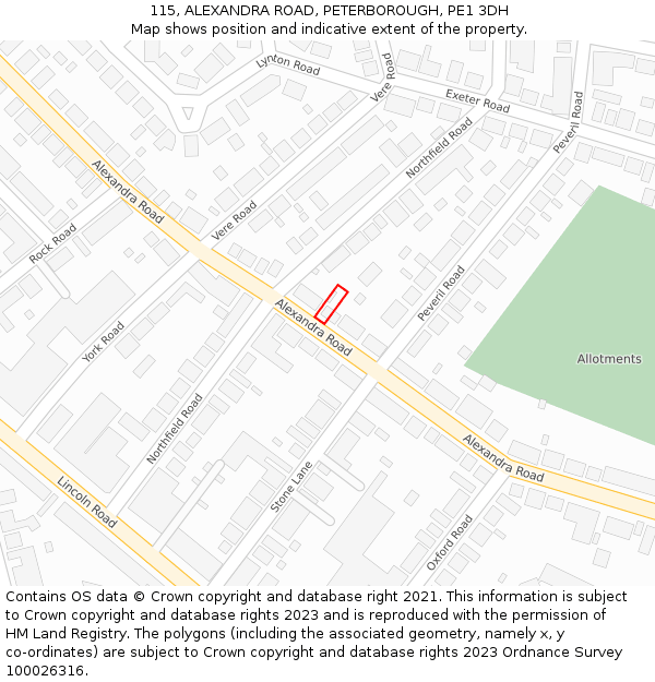 115, ALEXANDRA ROAD, PETERBOROUGH, PE1 3DH: Location map and indicative extent of plot