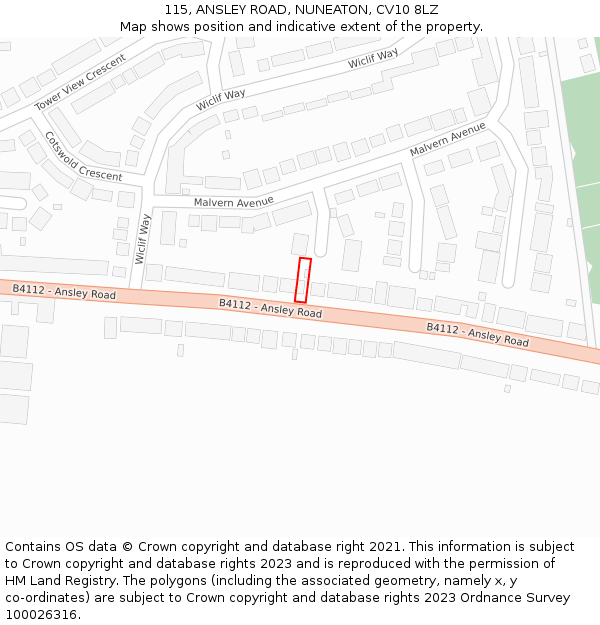 115, ANSLEY ROAD, NUNEATON, CV10 8LZ: Location map and indicative extent of plot