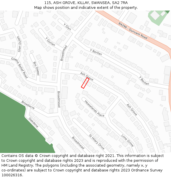 115, ASH GROVE, KILLAY, SWANSEA, SA2 7RA: Location map and indicative extent of plot