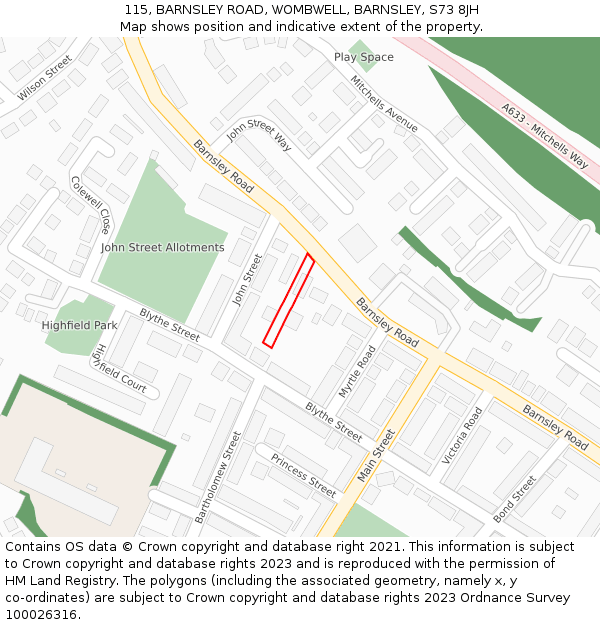 115, BARNSLEY ROAD, WOMBWELL, BARNSLEY, S73 8JH: Location map and indicative extent of plot