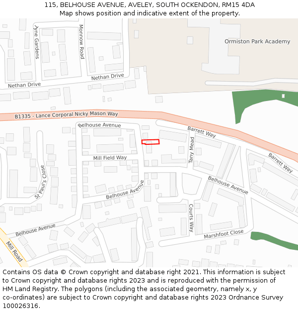 115, BELHOUSE AVENUE, AVELEY, SOUTH OCKENDON, RM15 4DA: Location map and indicative extent of plot