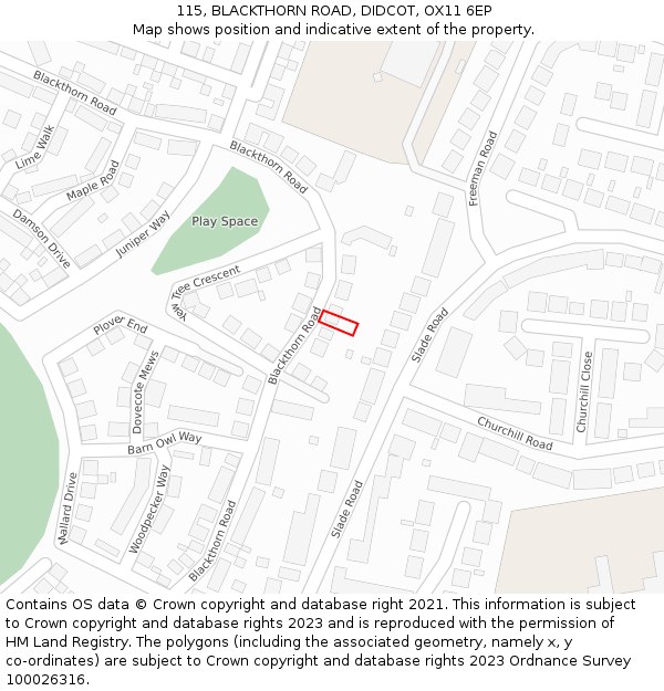 115, BLACKTHORN ROAD, DIDCOT, OX11 6EP: Location map and indicative extent of plot