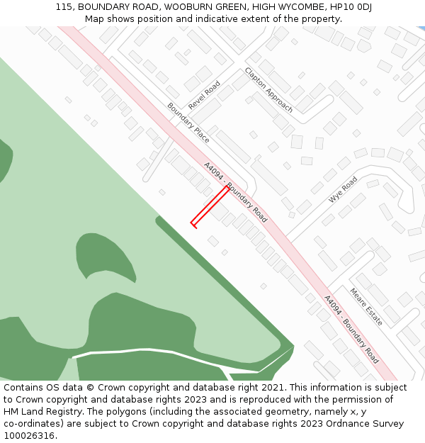 115, BOUNDARY ROAD, WOOBURN GREEN, HIGH WYCOMBE, HP10 0DJ: Location map and indicative extent of plot