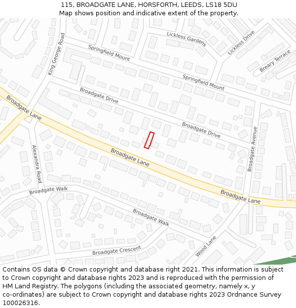 115, BROADGATE LANE, HORSFORTH, LEEDS, LS18 5DU: Location map and indicative extent of plot