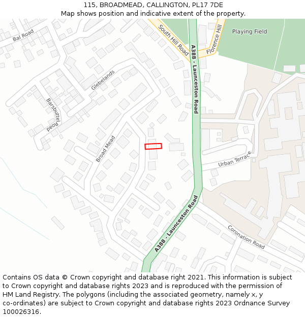 115, BROADMEAD, CALLINGTON, PL17 7DE: Location map and indicative extent of plot