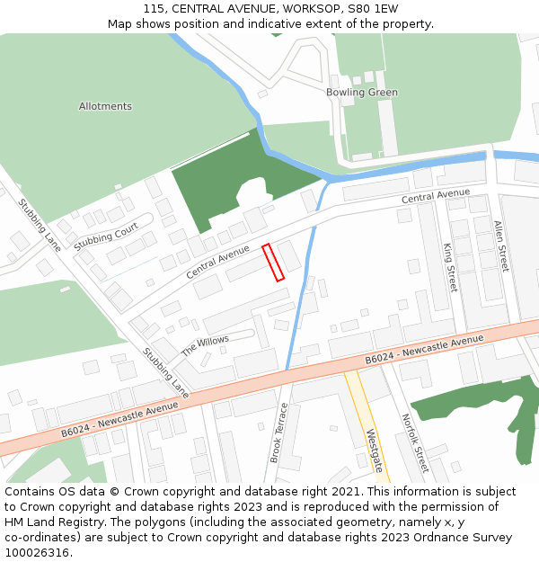 115, CENTRAL AVENUE, WORKSOP, S80 1EW: Location map and indicative extent of plot