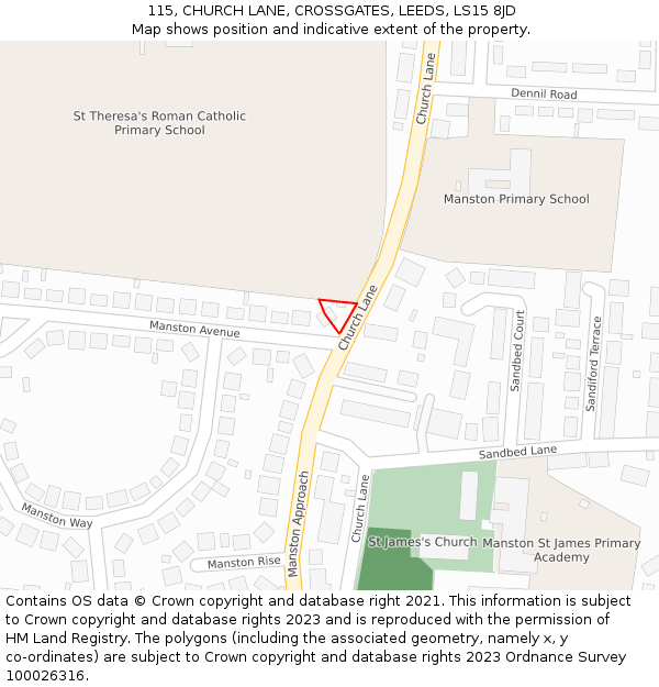 115, CHURCH LANE, CROSSGATES, LEEDS, LS15 8JD: Location map and indicative extent of plot