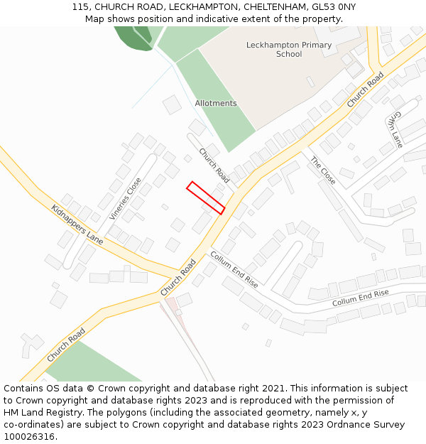 115, CHURCH ROAD, LECKHAMPTON, CHELTENHAM, GL53 0NY: Location map and indicative extent of plot