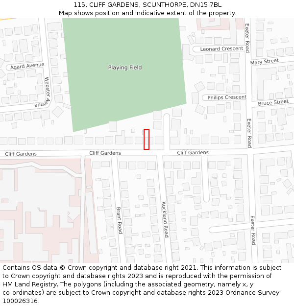 115, CLIFF GARDENS, SCUNTHORPE, DN15 7BL: Location map and indicative extent of plot