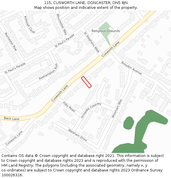 115, CUSWORTH LANE, DONCASTER, DN5 8JN: Location map and indicative extent of plot