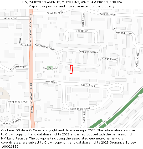 115, DAIRYGLEN AVENUE, CHESHUNT, WALTHAM CROSS, EN8 8JW: Location map and indicative extent of plot