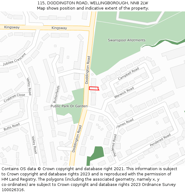 115, DODDINGTON ROAD, WELLINGBOROUGH, NN8 2LW: Location map and indicative extent of plot