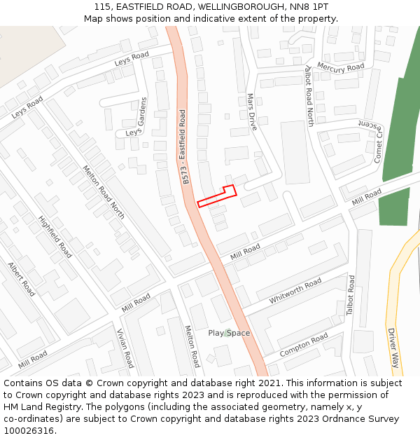 115, EASTFIELD ROAD, WELLINGBOROUGH, NN8 1PT: Location map and indicative extent of plot