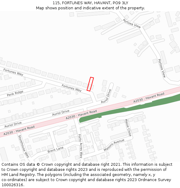 115, FORTUNES WAY, HAVANT, PO9 3LY: Location map and indicative extent of plot