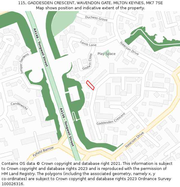 115, GADDESDEN CRESCENT, WAVENDON GATE, MILTON KEYNES, MK7 7SE: Location map and indicative extent of plot