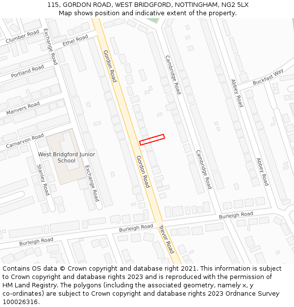 115, GORDON ROAD, WEST BRIDGFORD, NOTTINGHAM, NG2 5LX: Location map and indicative extent of plot