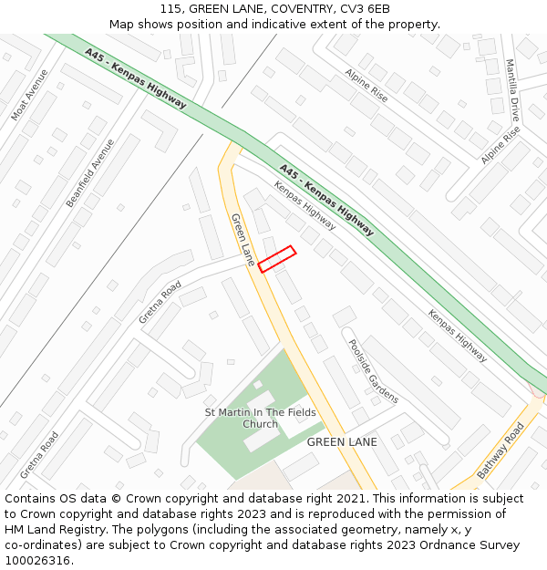 115, GREEN LANE, COVENTRY, CV3 6EB: Location map and indicative extent of plot