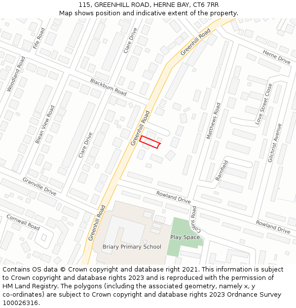 115, GREENHILL ROAD, HERNE BAY, CT6 7RR: Location map and indicative extent of plot