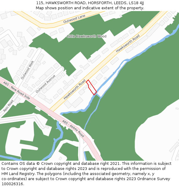 115, HAWKSWORTH ROAD, HORSFORTH, LEEDS, LS18 4JJ: Location map and indicative extent of plot