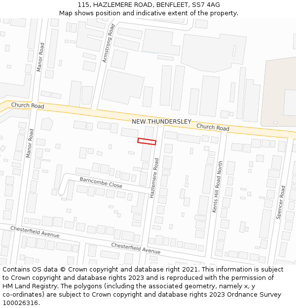 115, HAZLEMERE ROAD, BENFLEET, SS7 4AG: Location map and indicative extent of plot