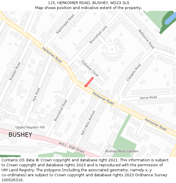 115, HERKOMER ROAD, BUSHEY, WD23 3LS: Location map and indicative extent of plot