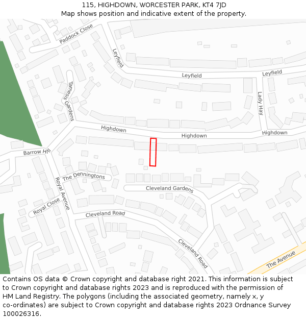 115, HIGHDOWN, WORCESTER PARK, KT4 7JD: Location map and indicative extent of plot