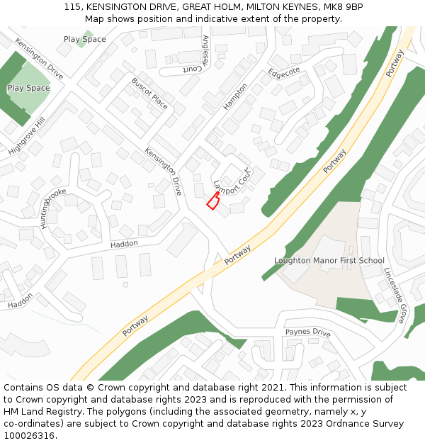 115, KENSINGTON DRIVE, GREAT HOLM, MILTON KEYNES, MK8 9BP: Location map and indicative extent of plot