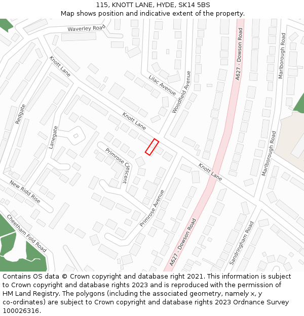 115, KNOTT LANE, HYDE, SK14 5BS: Location map and indicative extent of plot