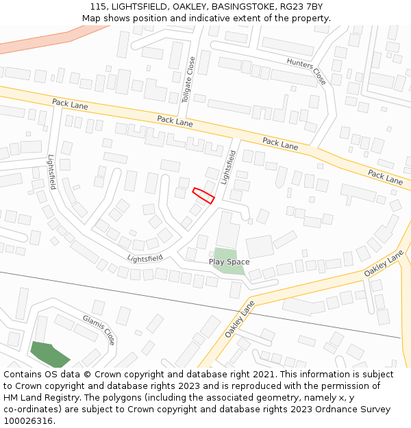 115, LIGHTSFIELD, OAKLEY, BASINGSTOKE, RG23 7BY: Location map and indicative extent of plot