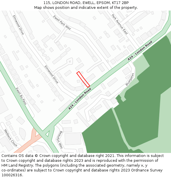 115, LONDON ROAD, EWELL, EPSOM, KT17 2BP: Location map and indicative extent of plot