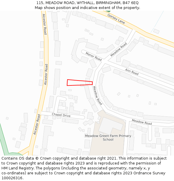 115, MEADOW ROAD, WYTHALL, BIRMINGHAM, B47 6EQ: Location map and indicative extent of plot